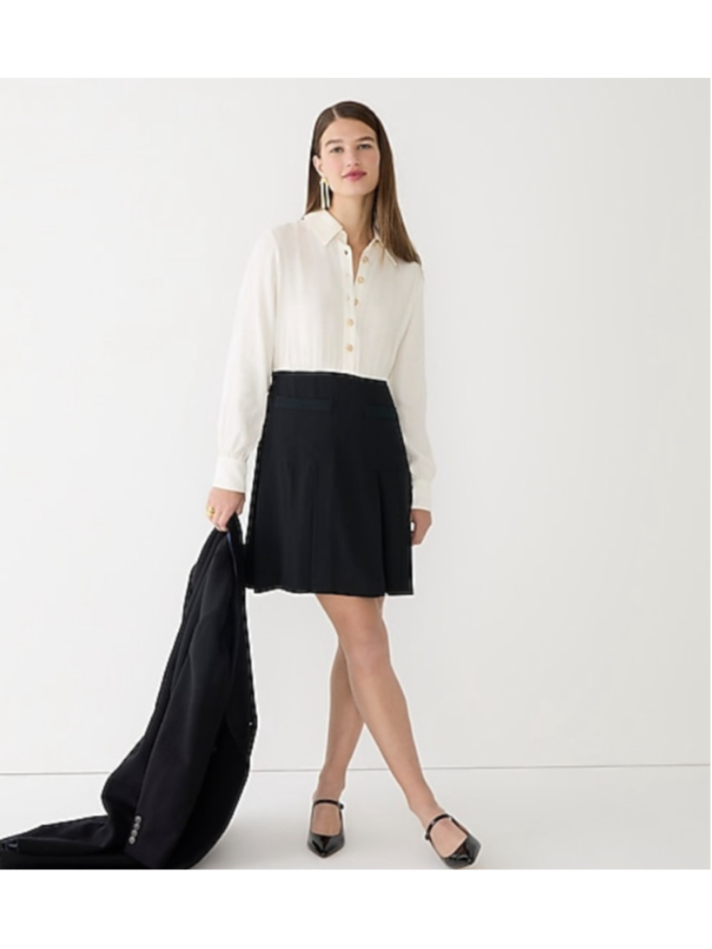 J. Crew Button-front crepe shirt-dress black ivory long sleeve women's Size 4
